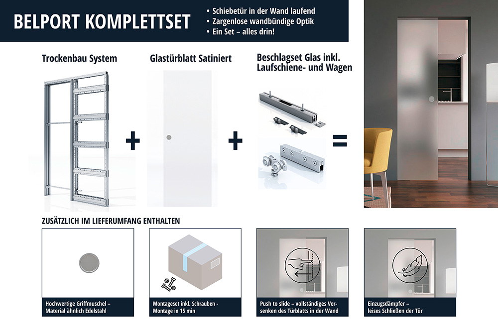 BELPORT B1TG Schiebetürkomplettset (Satiniert mit runder Griffmuschel) für Trockenbauwände 3 BELPORT B1TG Schiebetürkomplettset (Satiniert mit runder Griffmuschel) für Trockenbauwände – Bild 3