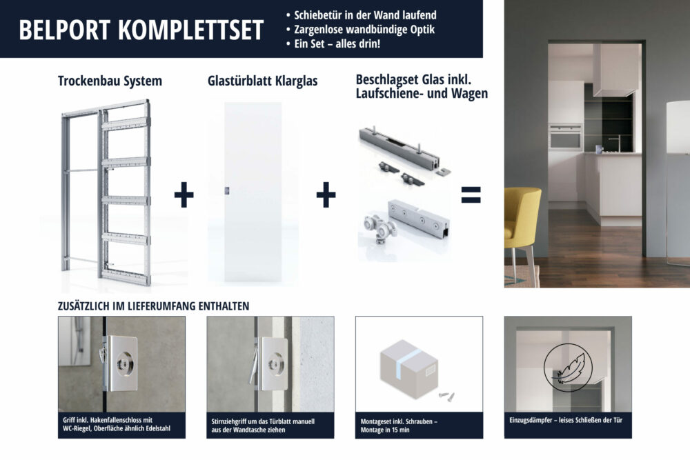 Alternative view of BELPORT B1TG abschließbares Schiebetürkomplettset (Klarglas mit Stirnziehgriff) für Trockenbauwände