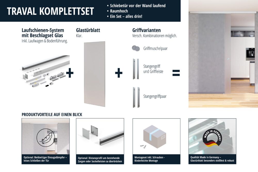 Alternative view of Glasschiebetür Komplettset nach Maß I Deckenmontage I Maßanfertigung mit Konfigurator I Milchglas & mehr I Raumhoch möglich I TRAVAL T1GR-C31 Edelstahl ähnlich