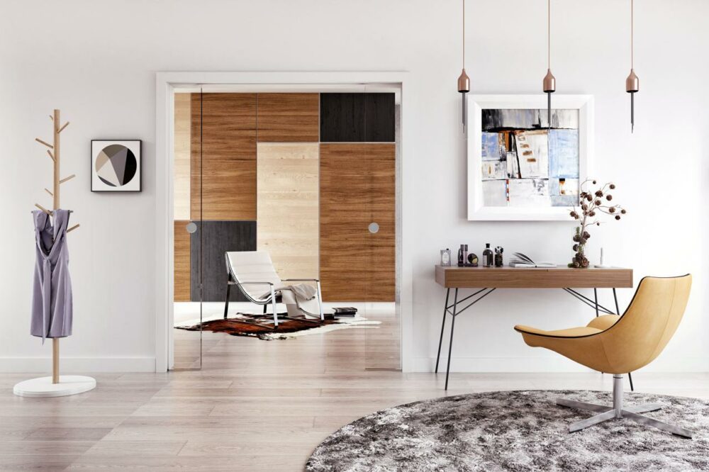 CAVIS C2TG Schiebetürsystem für zweiflügelige Glastürblätter in Trockenbauwänden & Holzständerwerken 11 CAVIS 2-flügelig Glas klar mit Griffmuschel