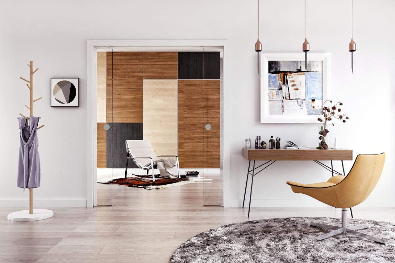 CAVIS C2TG Schiebetürsystem für zweiflügelige Glastürblätter in Trockenbauwänden & Holzständerwerken 6 CAVIS 2-flügelig Glas klar mit Griffmuschel